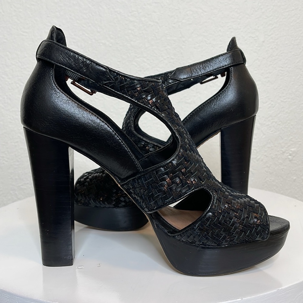 ELLIOTT LUCCA BERNADETTE BLACK WOVEN LEATHER PEEP TOE PLATFORM HEELS **NWOT** - Picture 8 of 16